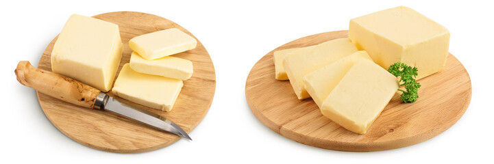 butter slices on wooden board isolated on white background with full depth of field. Top view. Flat lay