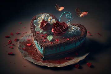 Delicious cake with rose and hearts, Valenties day