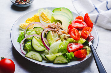 Tuna Salad, Healthy Food, Fresh Salad with Lettuce, Avocado, Cherries, Cucumber and Eggs on a Plate on Bright Background