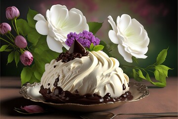 Obraz na płótnie Canvas a cake with chocolate sauce and flowers on a plate with a fork and spoon on the side of the plate, on a table with a dark background of flowers and a green background. Generated AI