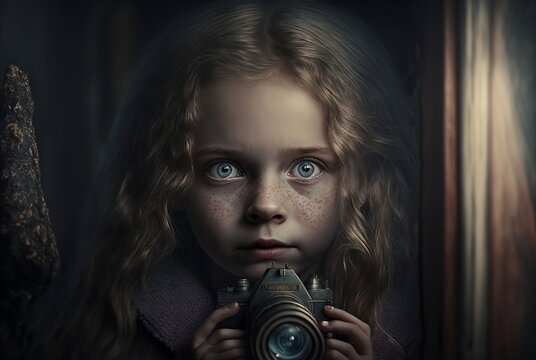 Blue eyes girl with speckles who looks surpried holding a camera