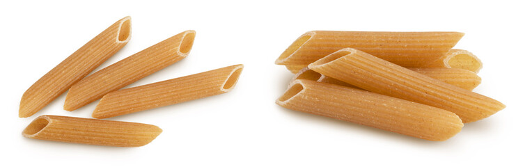 Wolegrain penne pasta from durum wheat isolated on white background with full depth of field. Top view. Flat lay,