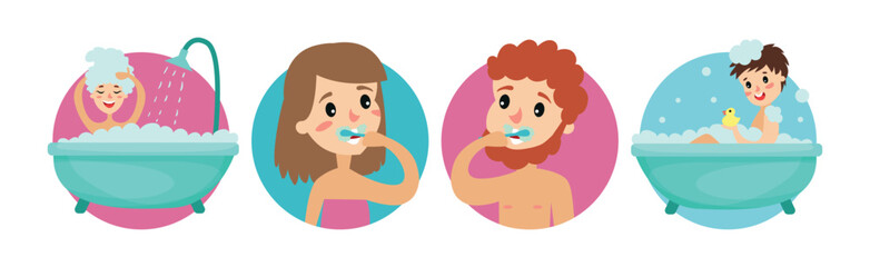 Man and Woman Engaged in Morning Bathroom Procedures and Personal Hygiene Vector Set