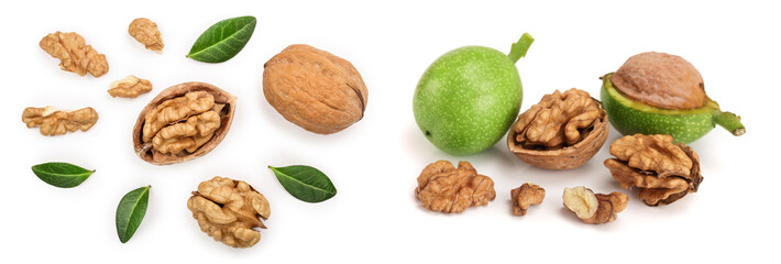 Walnuts with leaf isolated on white background. Top view. Flat lay