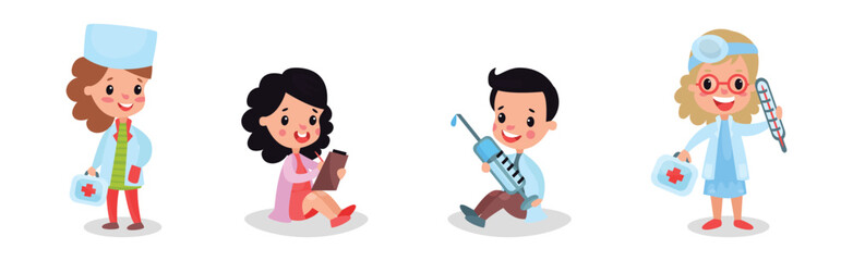 Kids in Medical Uniform Playing Doctors and Nurses with Toys Vector Set
