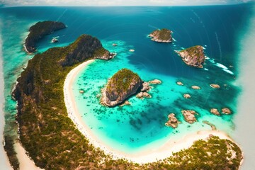 Fototapeta na wymiar an aerial view of a beach and island in the ocean with a sandy beach and turquoise water and a few small islands in the middle of the water with rocks and a few sand. Generated AI