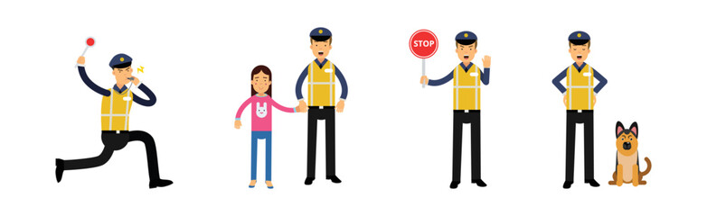 Road Policeman Wearing Vest and Cap in Different Pose Vector Set