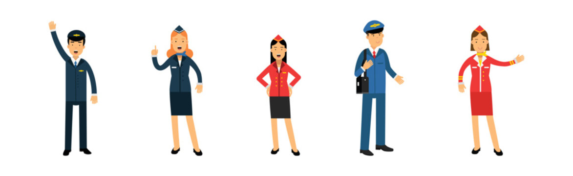 Man and Woman Airport Staff in Blue and Red Uniform Vector Set