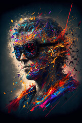 Man wearing large sun glasses and exuding colorful energy and confidence. Generative AI, this image is not based on any original image, character or person.