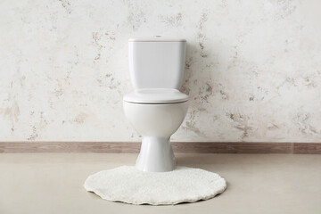 Ceramic toilet bowl and rug near light wall