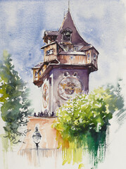 Vew of the landmark medieval clock tower in downtown Graz, Austria. Picture created with watercolors. - 564055593