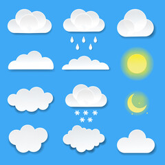 Clouds, sun and moon icon set. Trendy flat style. Day and night. Vector illustration isolated on blue background