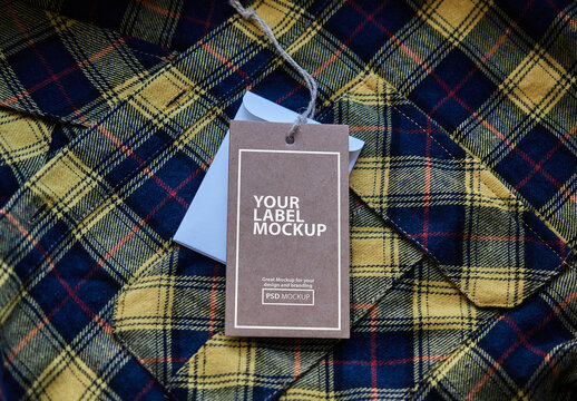 Brown cardboard Clothing Tag Label Mockup Template on Stylish flannel shirt