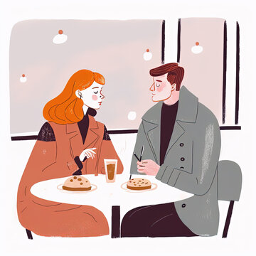 Loving couple on a date, vintage style illustration for Valentines day. Generative AI