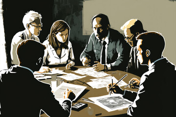A group of stylized and simplefied people in a business meeting, discussing and making important decisions, generative ai
