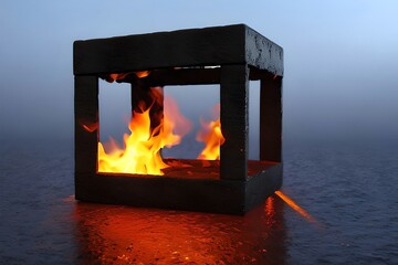 A 3D illustration of a cube on fire with chains and a block of fire in the middle. Generative AI