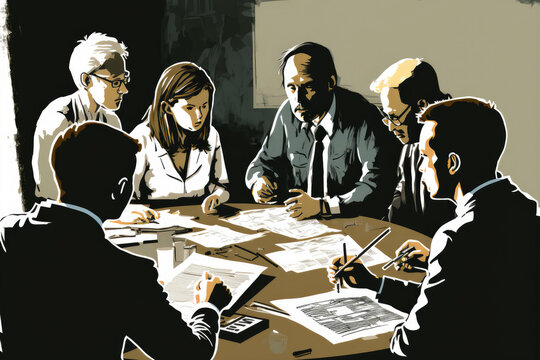 A Group Of Stylized And Simplefied People In A Business Meeting, Discussing And Making Important Decisions, Generative Ai