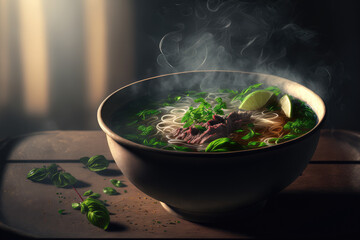 A bowl of steaming hot pho soup with beef and noodles, garnished with fresh herbs, generative ai - obrazy, fototapety, plakaty