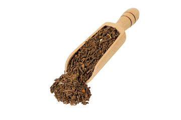 Valerian herb root  in wooden scoop isolated on white background. Valeriana officinalis. used in herbal medicine as a tranquillizer and to treat insomnia, anxiety, hypertension, pain relief.