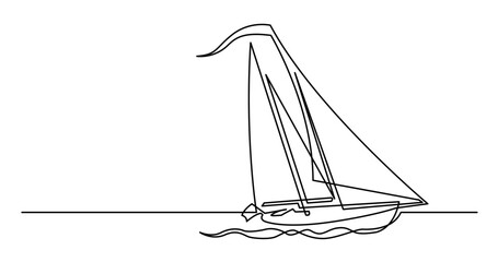 continuous line drawing vector illustration with FULLY EDITABLE STROKE of beautiful sailboat sailing on sea