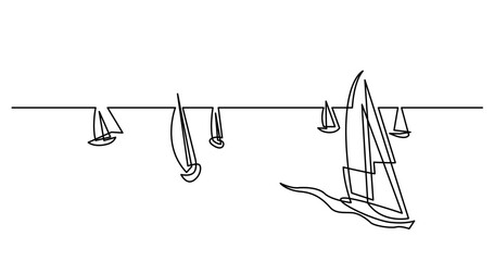 continuous line drawing vector illustration with FULLY EDITABLE STROKE of big regatta with yachts sailing on ocean - obrazy, fototapety, plakaty