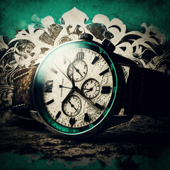 
mechanical wrist watch on green background