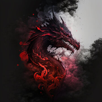 avatar fire-breathing dragon in tongues of red flame with red eyes on a black and white background