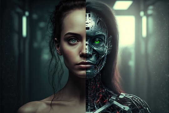 A portrait of a woman half human half robot, cyborg concept, artificial intelligence concept, ai generated