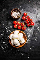 Mozzarella cheese in a plate on a stone board with tomatoes and spices.