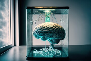 an artificial brain in a laboratory, artificial intelligence concept, neural network machine learning concept