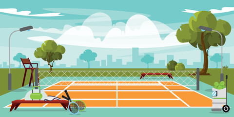 Vector illustration of a modern tennis court. Cartoon urban buildings with benches, net, tennis balls, rackets, playground, trees, lanterns and the city in the background.