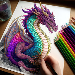 Dragon's Color: A multiple Coloring Pen for Intricate Dragon Illustrations. Generative AI