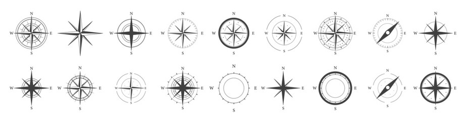 Compass icons. Set of vector simple compass symbols. Wind rose icon