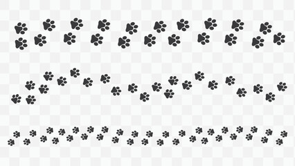Paw vector foot trail print. Dog,puppy, cat, bear, wolf trail path pattern, animal tracks on transparent background. Vector illustration