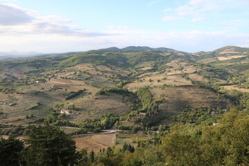 View from Rocca Maggiore to landscape around Basilica San Francesco in Assisi, Umbria Italy