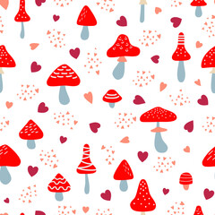 Funny fly agaric mushrooms and hearts - seamless pattern. Valentine's Day background. Vector