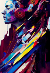 Modern Illustration of a confident male wearing headphones. Man listening to music. Abstract vibrant colorful background with circles. Generative AI