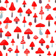 Funny fly agaric mushrooms and hearts - seamless pattern. Bright cartoon background. Vector