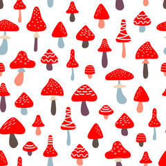 Funny Fly Agaric Mushrooms, Cartoon Cute Pattern, Vector