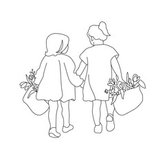 Little girls silhouette outline isolated on white background. Two little girls line art holding hands and carrying flowers. Vector illustration
