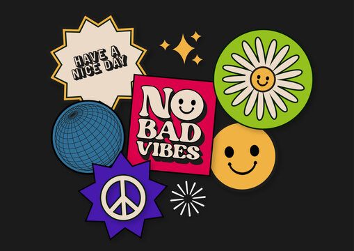 Collection of stickers, labels, patches, tags, stamps - Retro Peace Smiley Face