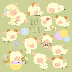 Cute Little Sheep Cartoon Characters Set on Green Background