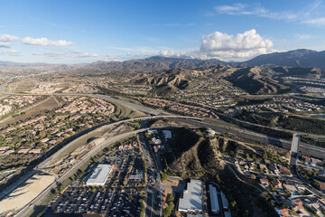Aerial cityscape view of suburban sprawl north of Los Angeles in Santa Clarita California.