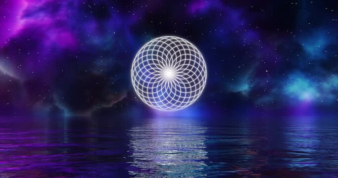 Animated Flower of Life Sacred Symbol over endless ocean water and nebula sky Universe background. 3D Rendering Concept