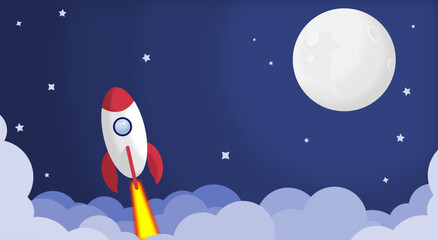 rocket hurtling towards space, stock vector with moon sky background