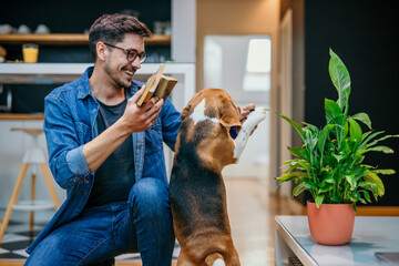 A young man moving into a new apartment, taking out a book from the box while his dog is playing around.