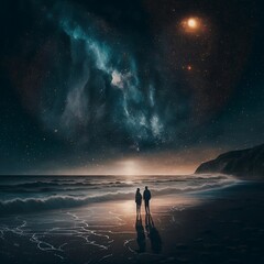 Fototapeta premium a couple starring at the stars near the ocean