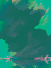 Fototapeta na wymiar Teal or Green Impressionistic Uplifting Landscape/Cloudscape - Digital Painting/Illustration/Art/Artwork Background or Backdrop, or Wallpaper