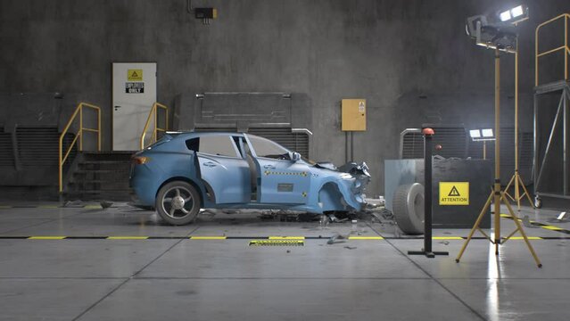 3D animation of eco-friendly electric vehicle experimental crash test in a laboratory. Simulation of traffic accident. Testing new generation car for checking and changing the safety parameters.