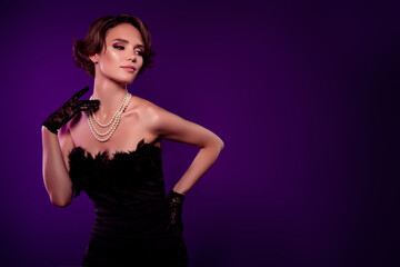 Photo of charming fancy lady royal aristocracy look night performance cabaret touch jewelry...